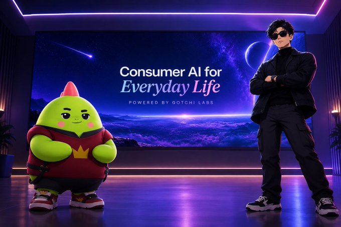 A promotional image featuring a green cartoon character with a pink hat standing next to a man in sunglasses and black outfit, with text reading 'Consumer AI for Everyday Life Powered by Gotchi Labs.'