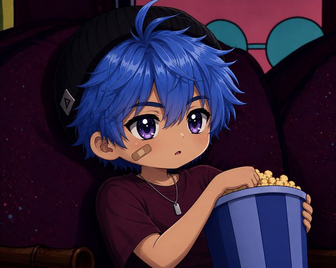 An anime-style illustration of a young boy with blue hair and purple eyes, wearing a black beanie and a maroon shirt, holding a blue striped bucket filled with popcorn.