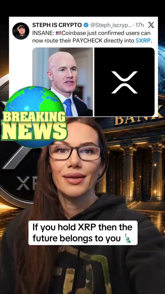 The image features a woman wearing glasses, with her face partially obscured by a large globe behind her. The background of the image includes a clock and a banner that reads "BREAKING NEWS". In the center of the image, there are two men depicted - one wearing a suit and tie, and the other wearing a baseball cap. The caption to the image states: "If you hold XRP then the future belongs to you".