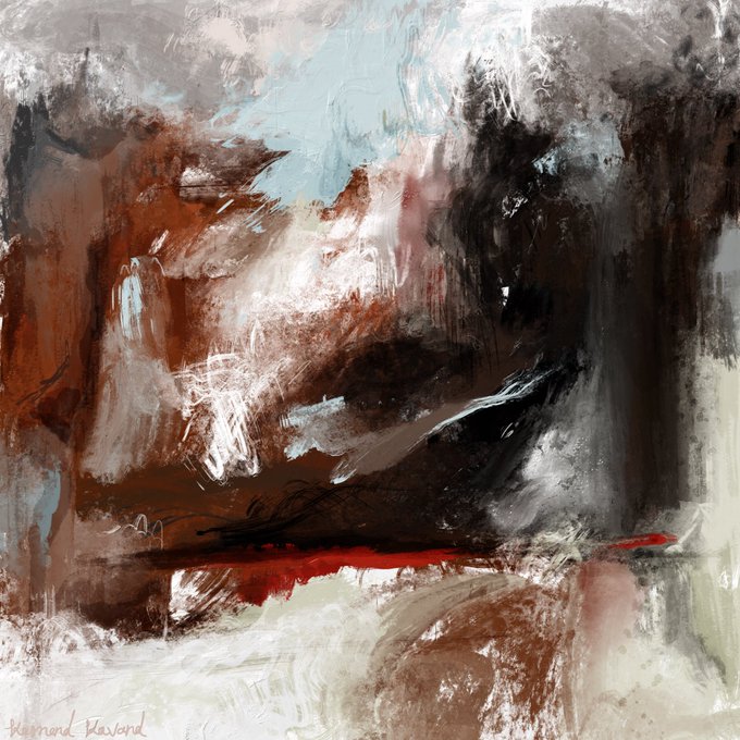 An abstract oil painting with textured brushstrokes in shades of brown, black, white, and blue, accented by a single red line, signed 'Raymond Klauwer' at the bottom.