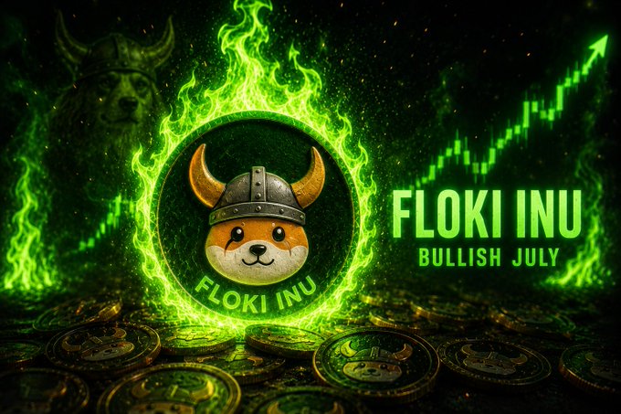 Promotional graphic for FLOKI INU featuring the mascot Shiba dog wearing a Viking helmet encircled by green flames, with a bullish chart arrow and 'BULLISH JULY' text.
