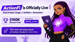 A promotional graphic for 'ActionFi' announcing it is officially live, featuring a $100K reward pool powered by 'gaiac_cricket', alongside an anime-style female character in purple.