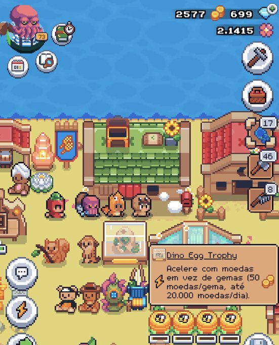 A pixel art farming game screen showing various characters and dinosaurs in a village setting, with a player inventory displaying 2577 gems, 699 coins, and a "Dino Egg Trophy" NFT priced at 50 coins/gems yielding 20,000 coins/day, celebrating the user's achievement after 63 days of digging in Sunflower Land.