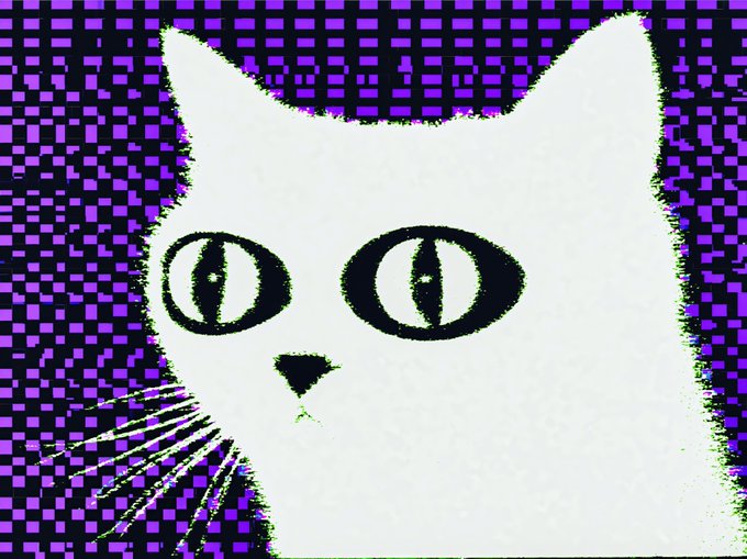A white cat with large black eyes and a small black nose is set against a purple and black checkered background with a glitchy, distorted digital effect.