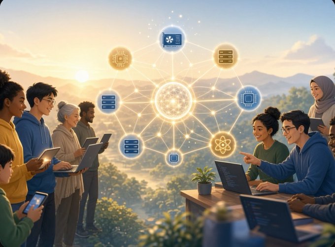 At sunrise, a diverse team works on laptops while a glowing holographic network of compute icons—chips, servers, CPUs, and databases—radiates above them. This visual reinforces the post’s message that powerful technology is useless without accessible compute resources.