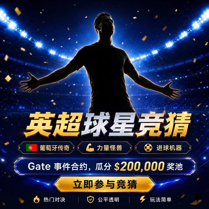 A promotional graphic with Chinese text "英超球星竞猜" (Premier League Star Prediction) featuring a silhouetted athlete with outstretched arms in a stadium, advertising a "Gate" event contract with a $200,000 prize pool split via $REIGN, with options like "立即参与竞猜" (Join the prediction now).