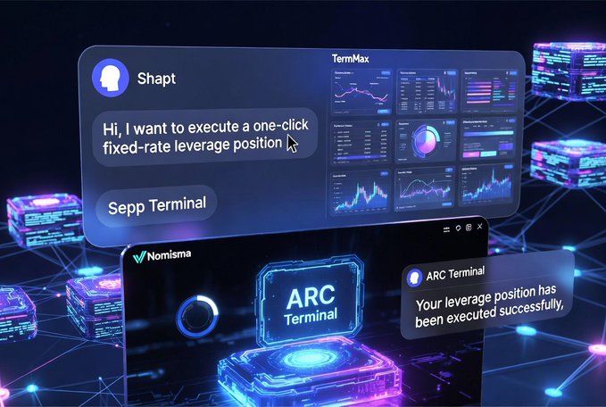 A digital graphic showcasing AI and crypto trading interfaces, including Shapt, TermMax, Sepp Terminal, Nomisma, and ARC Terminal, with a chat bubble showing a user requesting a 'one-click fixed-rate leverage position' and an ARC Terminal confirmation message: 'Your leverage position has been executed successfully.'