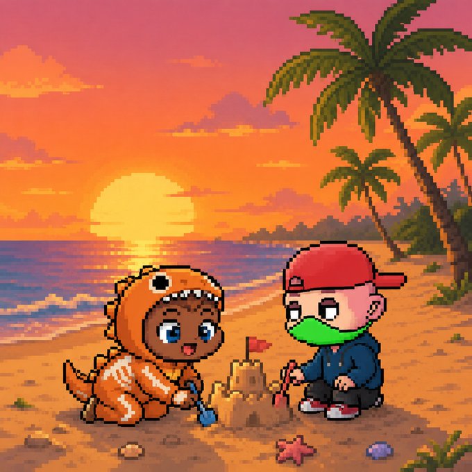 A pixel art image depicting two children on a beach at sunset. One child is wearing an orange dinosaur costume, and the other is wearing a red cap and a green face mask. They are building a sandcastle together, with palm trees and the ocean visible in the background.