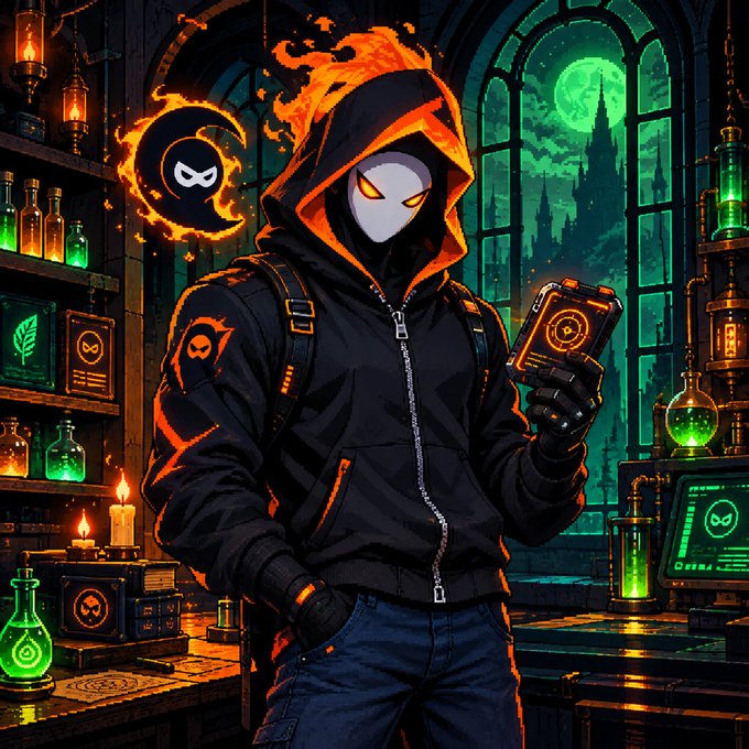 A stylized digital illustration of a hooded figure with glowing orange eyes and a flaming mask symbol, wearing a dark jacket and holding a glowing device, set in a gothic laboratory with green-lit potions and a moonlit castle in the background.