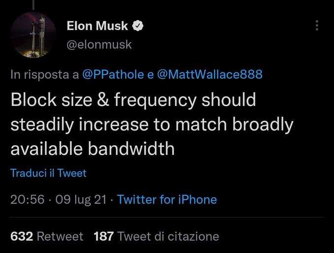 A screenshot of a verified tweet from Elon Musk (@elonmusk) dated July 9, 2021, stating "Block size & frequency should steadily increase to match broadly available bandwidth," which the accompanying post cites as validation for Kaspa's ($KAS) DAGKNIGHT adaptive consensus protocol. The tweet shows 632 retweets and 187 quote tweets, framed as supporting evidence for $KAS's proof-of-work scaling solution.