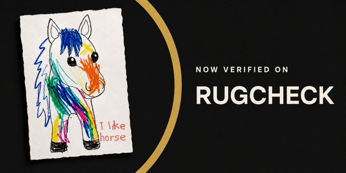 A child's colorful crayon drawing of a horse labeled "I like horse" is displayed alongside text reading "NOW VERIFIED ON RUGCHECK," promoting the verification of the $HOR token on rugcheck.xyz.