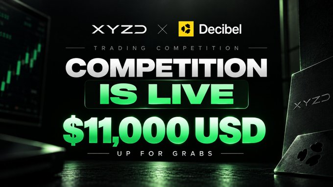 A promotional banner for a 'XYZD x Decibel TRADING COMPETITION' announcing 'COMPETITION IS LIVE' with '$11,000 USD UP FOR GRABS', set against a dark background showing trading screens and a laptop with the XYZD logo.