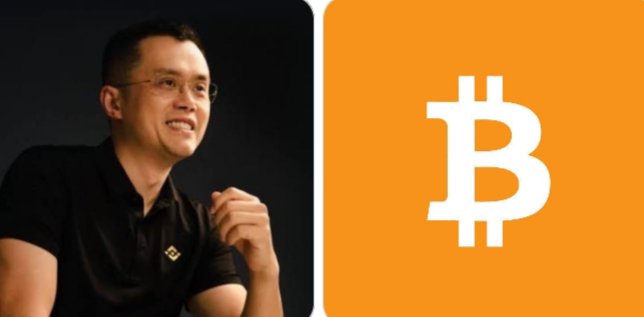 A man in a black polo shirt with a Binance logo smiles on the left, while a large white Bitcoin (₿) symbol is displayed on an orange background to the right. The image relates to the post by visually associating CZ (Changpeng Zhao, founder of Binance) with Bitcoin, reinforcing his minimalist "hold" strategy rather than active trading.