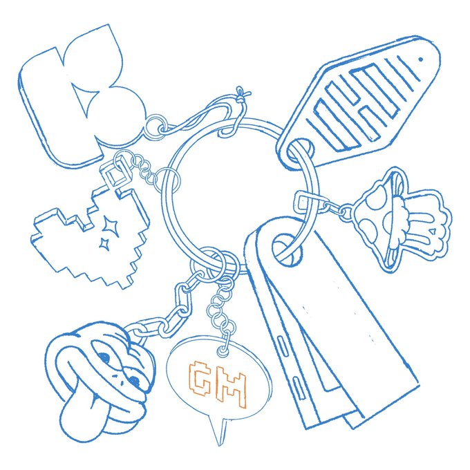 A blue line-drawing illustration of a keychain featuring several charms including a 'GM' speech bubble, a Bitcoin symbol, a UFO character, an alien, a spaceship, and a pixelated design.