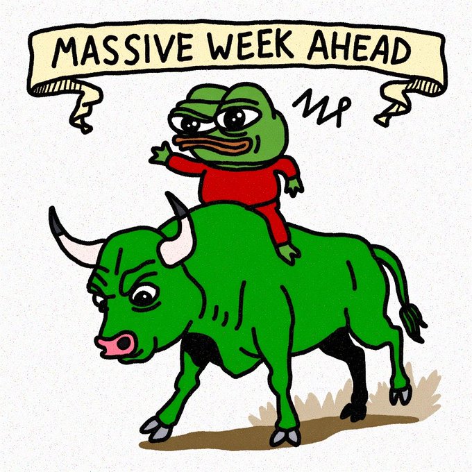 Meme illustration of Pepe the Frog riding a green bull with a banner reading 'MASSIVE WEEK AHEAD'.