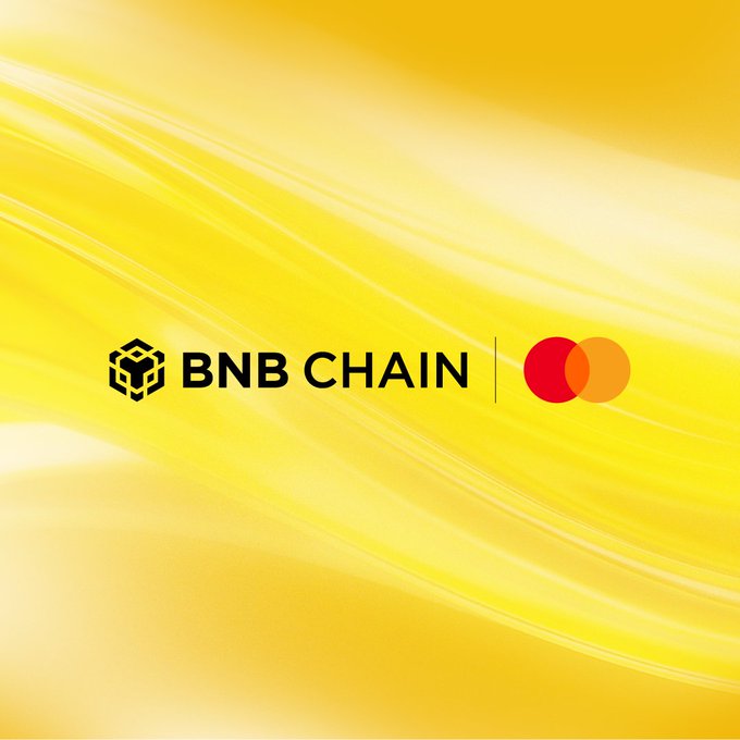 A graphic displays the BNB CHAIN logo alongside a Mastercard logo against a bright yellow background with flowing light streaks.