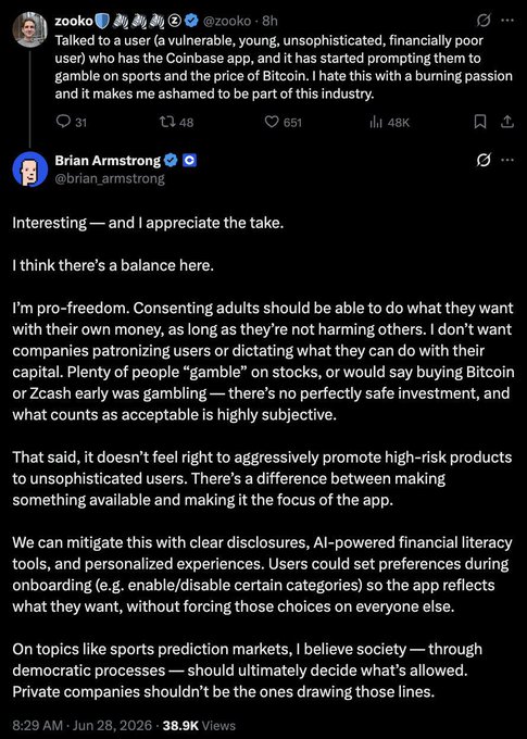 A screenshot of an X (Twitter) exchange where user @zooko criticizes Coinbase for promoting sports gambling and Bitcoin to vulnerable users, prompting CEO Brian Armstrong (@brian_armstrong) to respond that while adults should have freedom to use their money, high-risk products shouldn't be aggressively marketed or made the app's focus, with mitigation through clear disclosures, AI literacy tools, and user onboarding preferences.