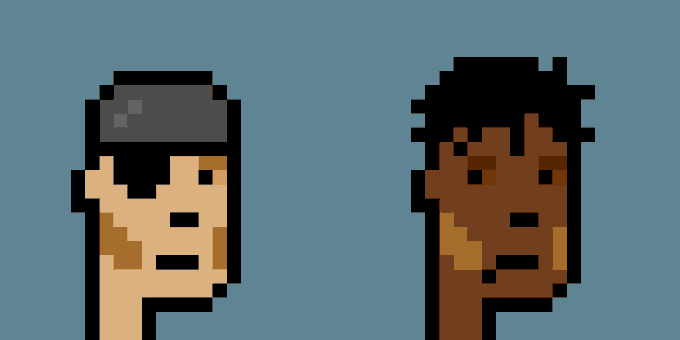 A pixel art illustration showing the side profiles of two men, one with light skin and a headband and the other with darker skin, both set against a solid blue background.