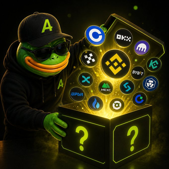 A cartoon frog mascot wearing a black 'A' cap and sunglasses opens a glowing treasure box filled with cryptocurrency exchange logos including Binance, OKX, Bybit, MEXC, Upbit, and Coinbase.