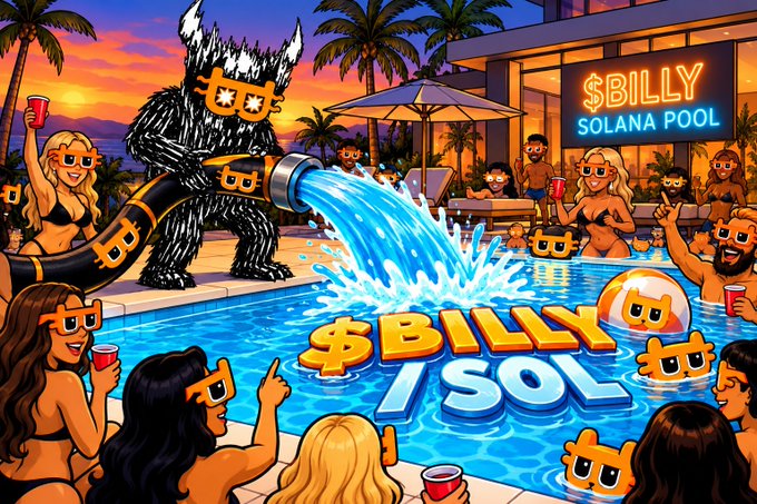 A vibrant pixel-art promotional image for "$BILLY 1 SOL" showing a furry mascot spraying water from a hose at a Solana pool party with people in swimwear.