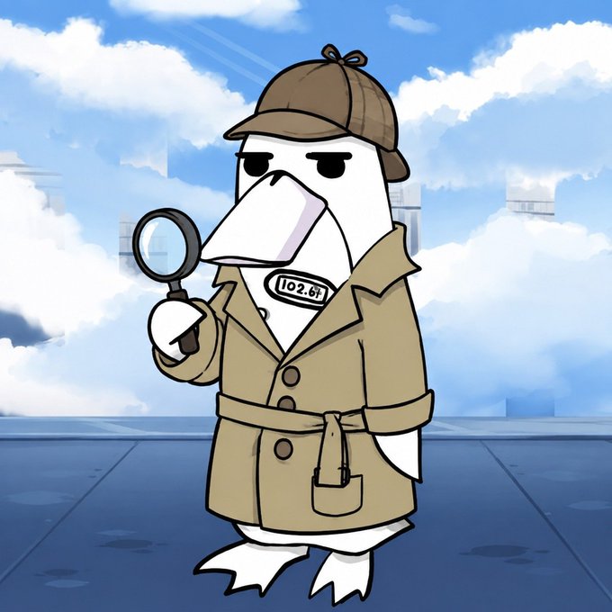 A cartoon detective penguin wearing a deerstalker hat and trench coat holds up a magnifying glass, symbolizing the careful filtering of NFT projects. The figure has "102.6T" written on its beak, possibly referencing the cryptocurrency ticker or a collection identifier connected to featured projects like @boldpfps and @unvault.