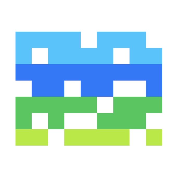 An abstract digital artwork composed of blue, green, and light green rectangular and square blocks arranged in horizontal rows on a white background.