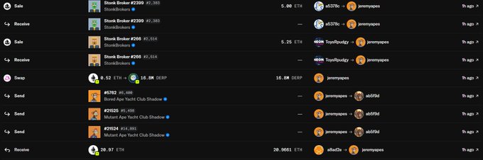 Cryptocurrency transaction history showing sales, receives, and swaps of Stonk Broker, Bored Ape Yacht Club Shadow NFTs, ETH, and DEFP tokens.