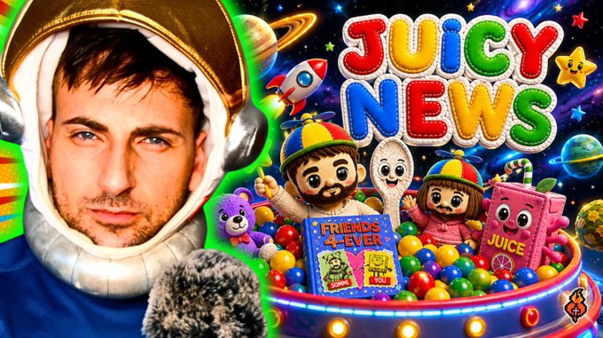 The thumbnail for "Juicy News" episode #1478 features a man in an astronaut helmet alongside colorful cartoon characters, a rocket, planets, and juice boxes amid a space-themed ball pit, branding the crypto news livestream covering Bitcoin ($73K), Ethereum ($2,300), and looming price crash predictions.