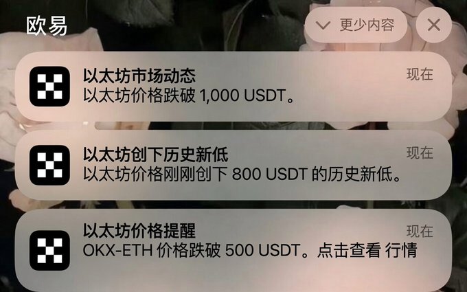The image shows a phone notification screen displaying three alarming crypto alerts about Ethereum's price crash, including ETH breaking below 1,000 USDT, hitting a new low of 800 USDT, and OKX-ETH dropping below 500 USDT. The notifications perfectly capture the shock of the "ETH" post, illustrating the nightmare scenario of waking up to find Ethereum's value plummeting dramatically.