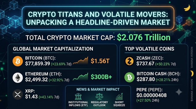 A crypto market infographic titled 'Crypto Titans and Volatile Movers: Unpacking a Headline-Driven Market' showing a total market cap of $2.076 Trillion, with Bitcoin at $77,859.39 (+23.69% 7d), Ethereum at $2,499.32 (+32.92% 7d), XRP at $1.43 (+43.14% 7d), Zcash at $737.67, and PEPE at $0.00000408.