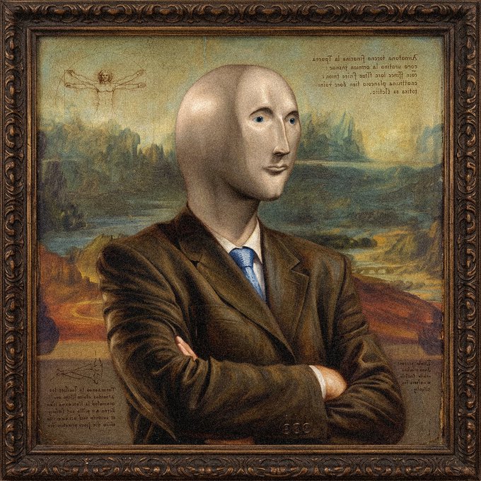 An AI-generated or stylized portrait resembling the Mona Lisa's composition but featuring a bald, modern-looking man in a brown suit and blue tie with crossed arms, set in a framed painting with Leonardo da Vinci-style background text and sketches.
