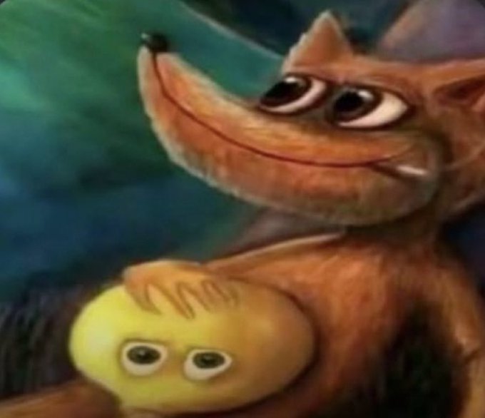 A sly, grinning fox from the hood meme holds a wide-eyed yellow smiley face, conveying a mischievous, scheming vibe—matching the post's tone of a trader bragging about sending a new coin "higher than LMAO" in crypto trenches.
