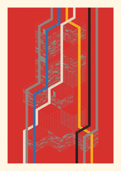 A graphic illustration featuring a red background with an isometric architectural structure of buildings in gray lines, accented by vertical colored stripes in blue, yellow, and black.