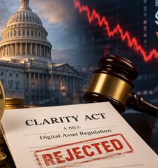 A digital graphic shows a document labeled 'CLARITY ACT' with 'A BILL Digital Asset Regulation' and a red 'REJECTED' stamp, set against the U.S. Capitol building with a declining red stock chart and a gavel.