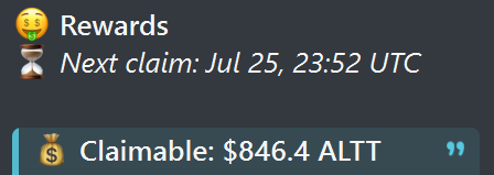 A dark-themed rewards interface displays a claimable balance of $846.4 ALTT with the next claim available on Jul 25, 23:52 UTC. The image visually reinforces the post's claim of earning over $1000 worth of ALTT through cashback rewards on Altcoinist, showing the user is already close to that milestone.