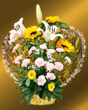 A floral arrangement featuring yellow sunflowers, white lilies, and pink carnations arranged in a decorative gold-edged container against a golden background.