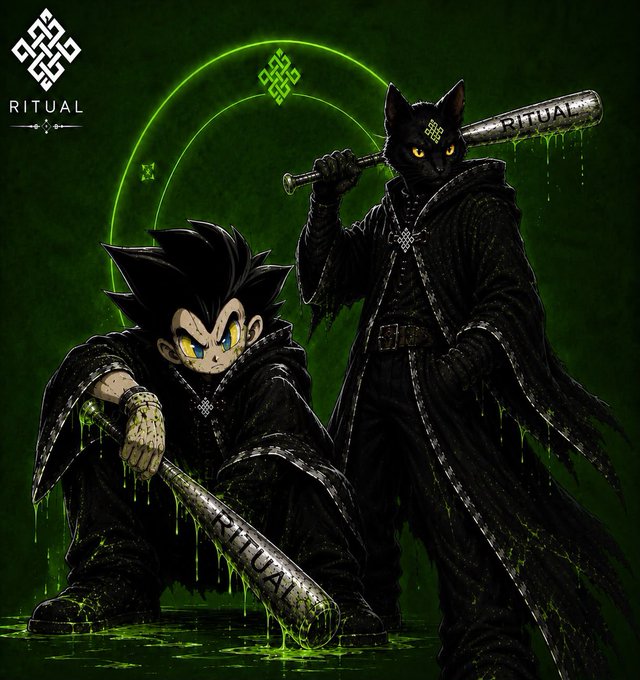 Dark fantasy artwork branded 'RITUAL' featuring a spiky-haired anime warrior and a black cat in robes, both wielding bats labeled 'RITUAL' amid glowing green runes.