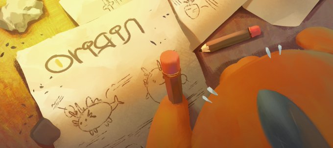 An orange creature sketches a "Origin" axie on paper with an orange pencil, surrounded by other drawings and erasers. The scene captures the creative process of designing the legendary ancient creatures referenced in the post.