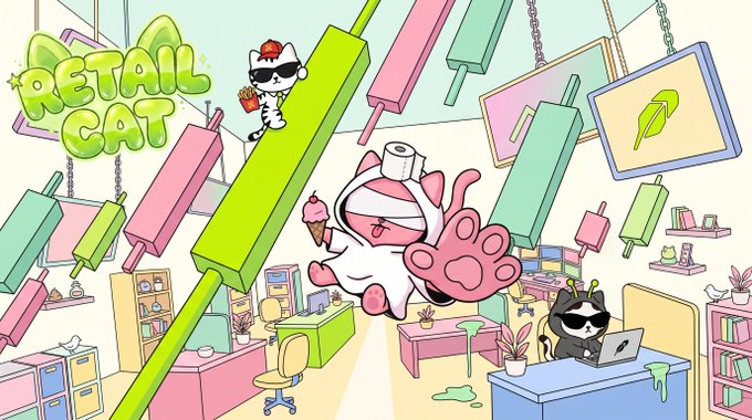 Colorful cartoon-style game title screen for "Retail Cat" featuring cute cat characters including one with popcorn and sunglasses, and another on a laptop, in a pastel-colored retail store setting.
