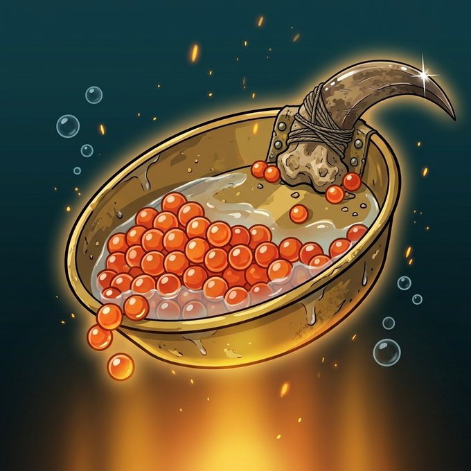 A fantasy illustration of a golden bowl filled with red caviar or pearls, adorned with a curved horn or claw wrapped in cloth, glowing with floating bubbles and embers.