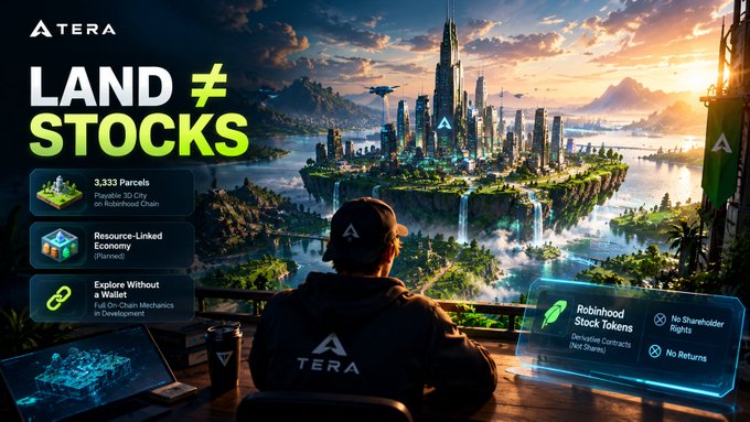 TERA promotional graphic titled 'LAND ≠ STOCKS' showing a futuristic floating city with a person in a TERA cap viewing it, highlighting features like 3,333 Parcels, Resource-Linked Economy, and Robinhood Stock Tokens.