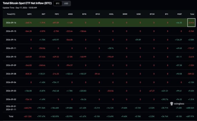 A data table titled 'Total Bitcoin Spot ETF Net Inflow (BTC)' from coinglass.com, dated Sep 17, 2024, showing net inflows and outflows for various ETFs including GBTC, IBIT, FBTC, and others.