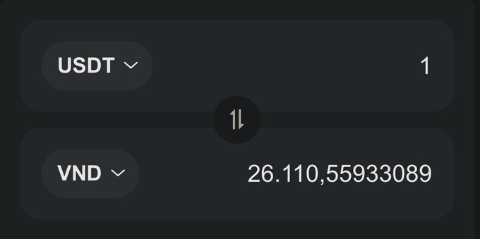 A cryptocurrency converter interface showing 1 USDT equaling 26,110,55933089 VND (Vietnamese Dong).