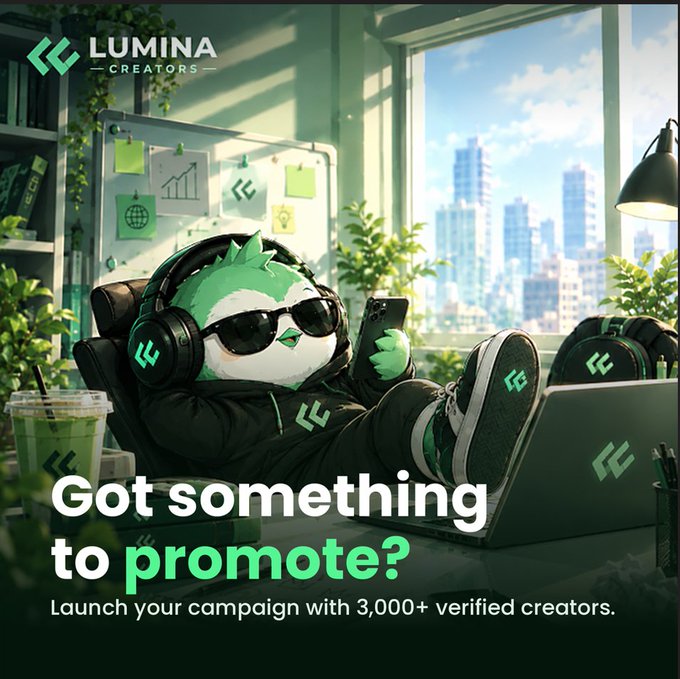 A promotional advertisement for "LUMINA CREATORS" featuring a green owl-like mascot wearing headphones and sunglasses, with the text "Got something to promote? Launch your campaign with 3,000+ verified creators."