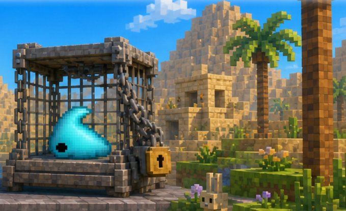 Minecraft scene showing a blue slime trapped in an iron cage with a padlock, set in a desert village with sandstone buildings and palm trees, with a small llama in the foreground.