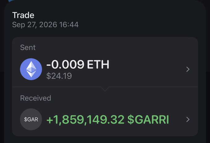 A crypto wallet trade confirmation from Sep 27, 2026 16:16 showing 0.009 ETH ($24.19) sent in exchange for receiving +1,859,149.32 $GARRI tokens, reflecting the user's purchase of garri-themed memecoin via a swap.
