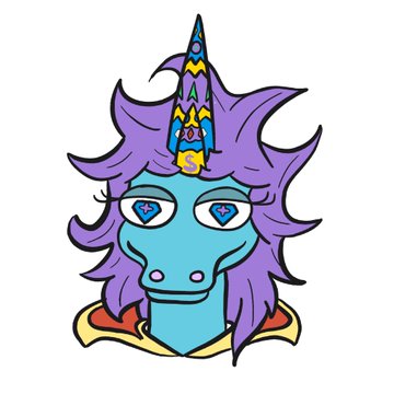A cartoon drawing of a turquoise-skinned character with purple hair, a unicorn horn on its forehead, and yellow eyes, wearing a red and yellow outfit.