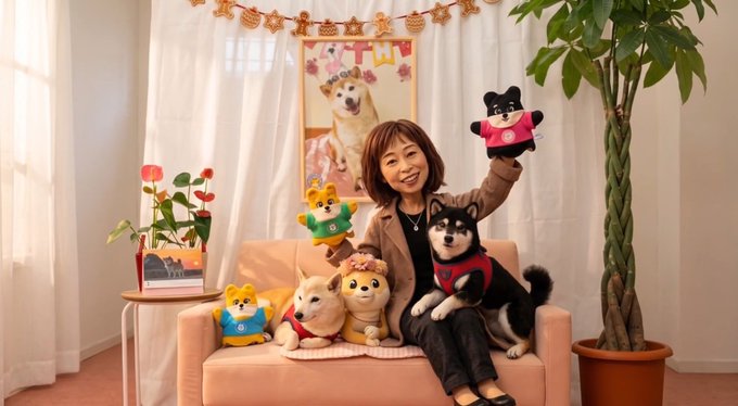 A smiling woman seated on a pink couch surrounded by multiple Shiba Inu dogs and Shiba Inu plush toys, with a birthday banner in the background.