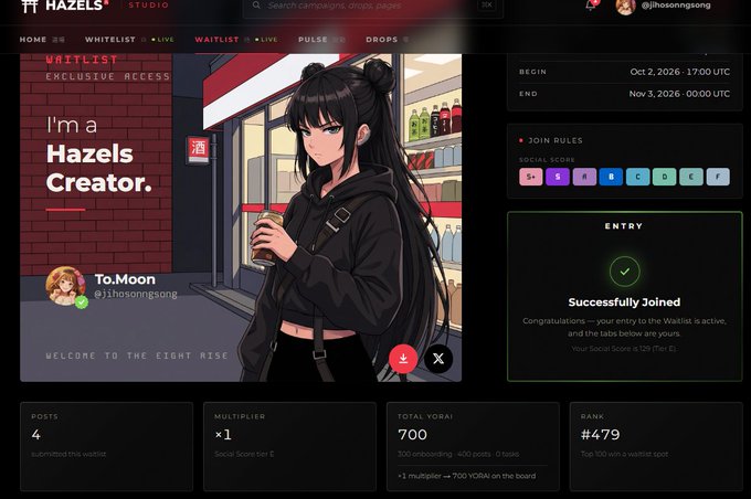 A dashboard for Hazels Studio displaying an anime-style creator profile for 'To.Moon' (@jihosongssong), showing waitlist status with begin/end dates of Oct 2, 2026 to Nov 3, 2026 and a successful entry confirmation.