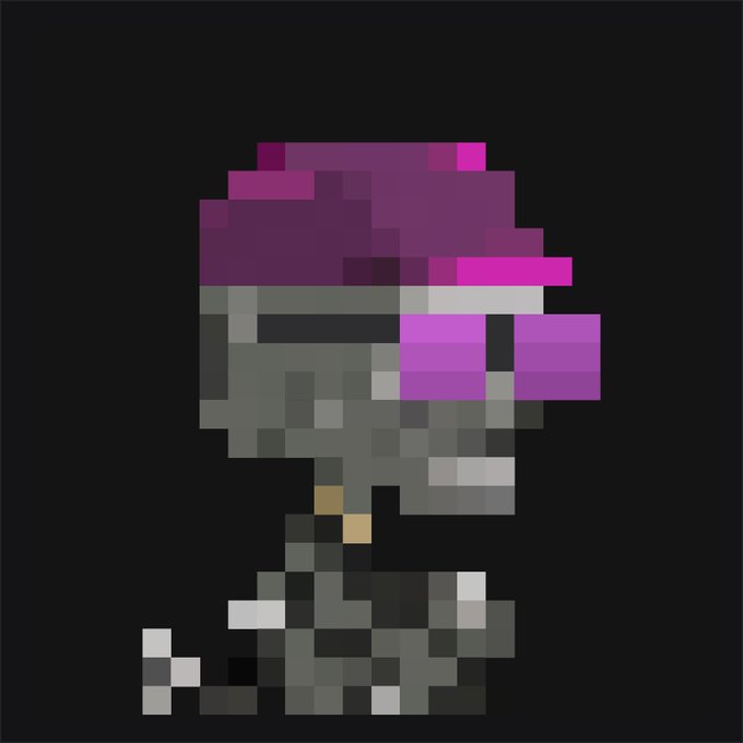 A pixel art character wearing a pink and purple hat, sunglasses, and headphones, shown in a side profile view against a black background.